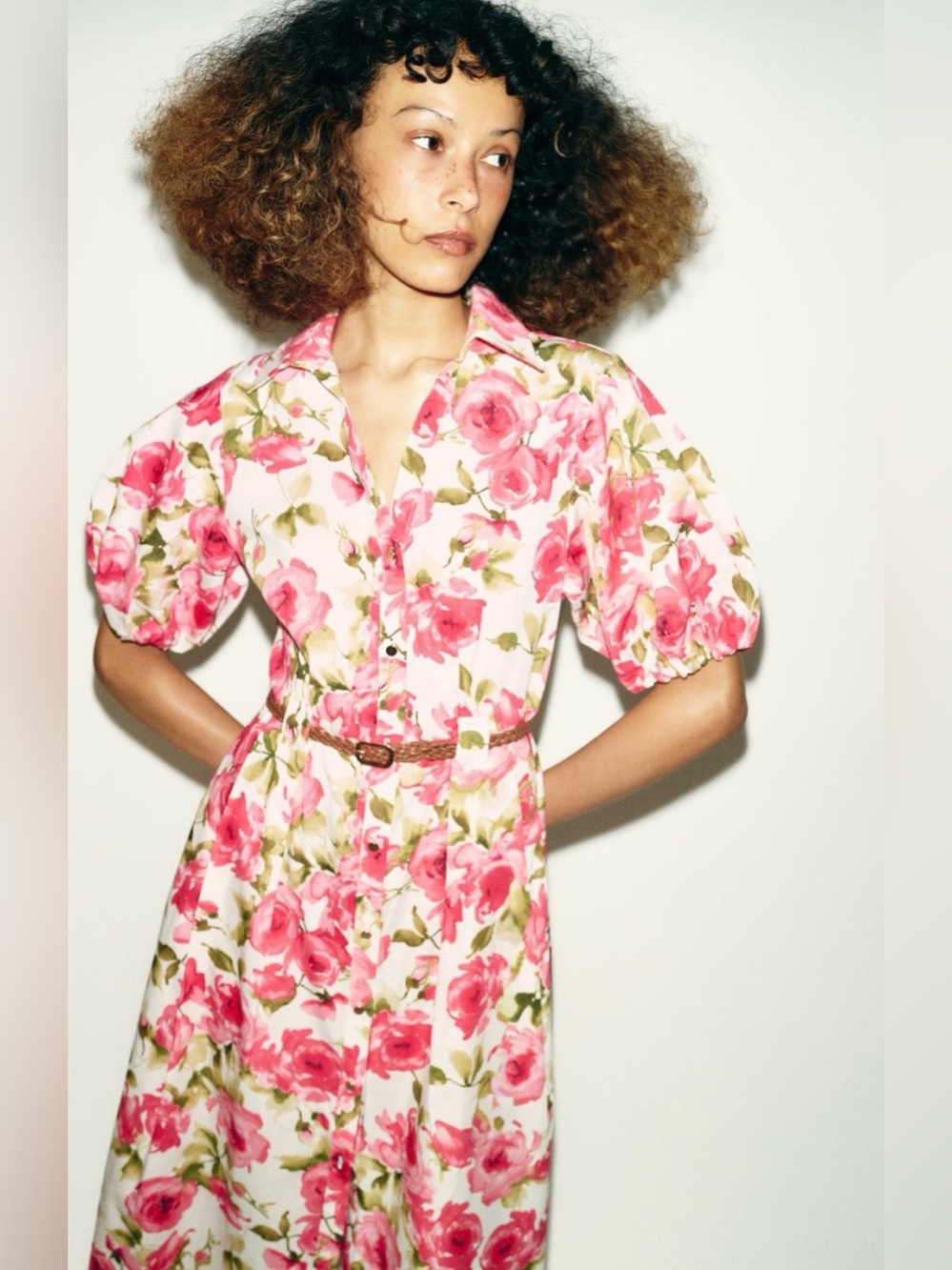 Zara Pink Floral Midi Dress with Puff Sleeves